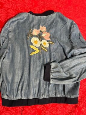 Velvet Heart Tencel Denim Bomber Jacket Women’s Large Blue Floral Embroidered